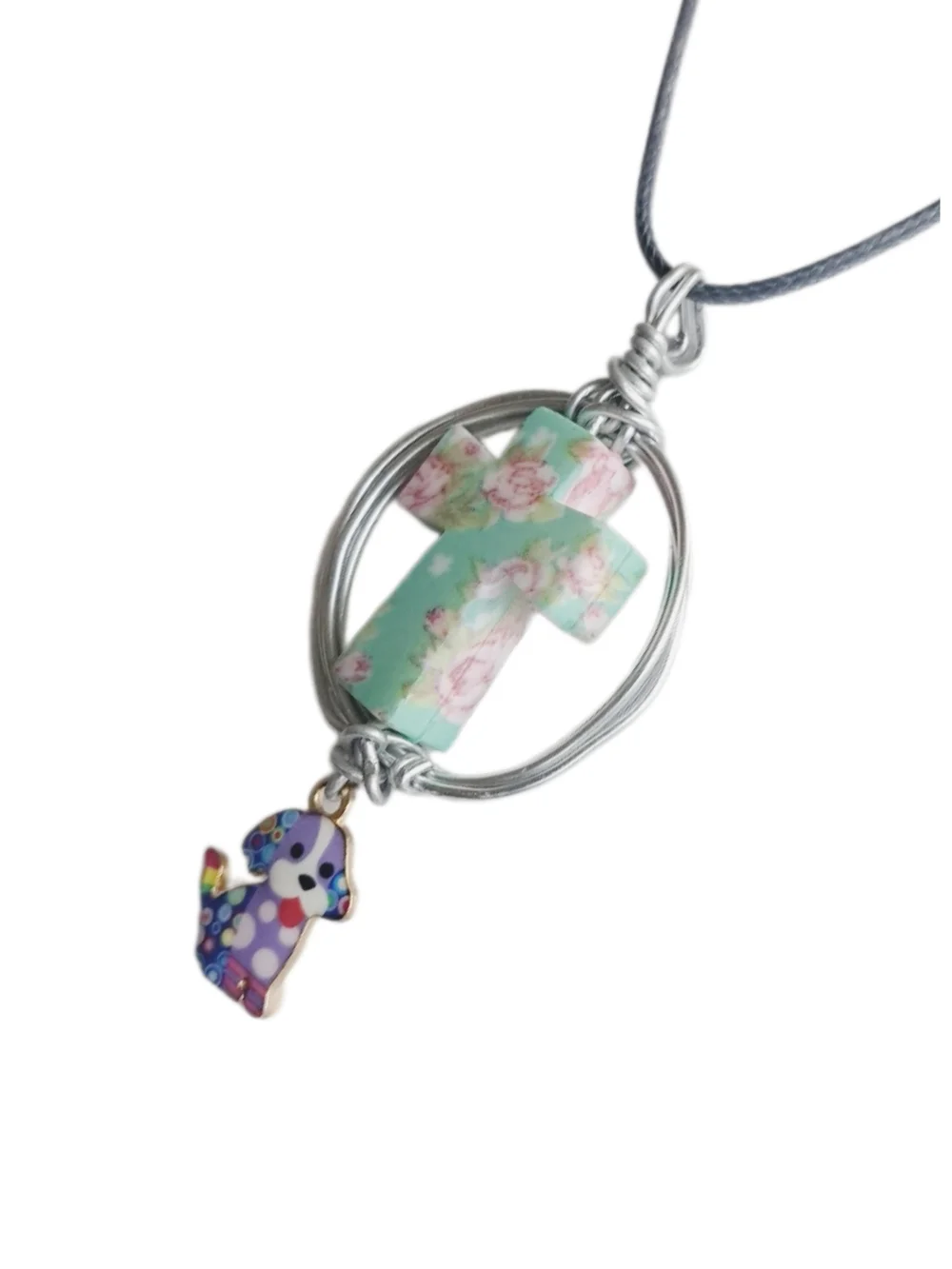 Floral Mint Cross Pendant & Colorful Puppy Charm w/ Cord Necklace| NWOT